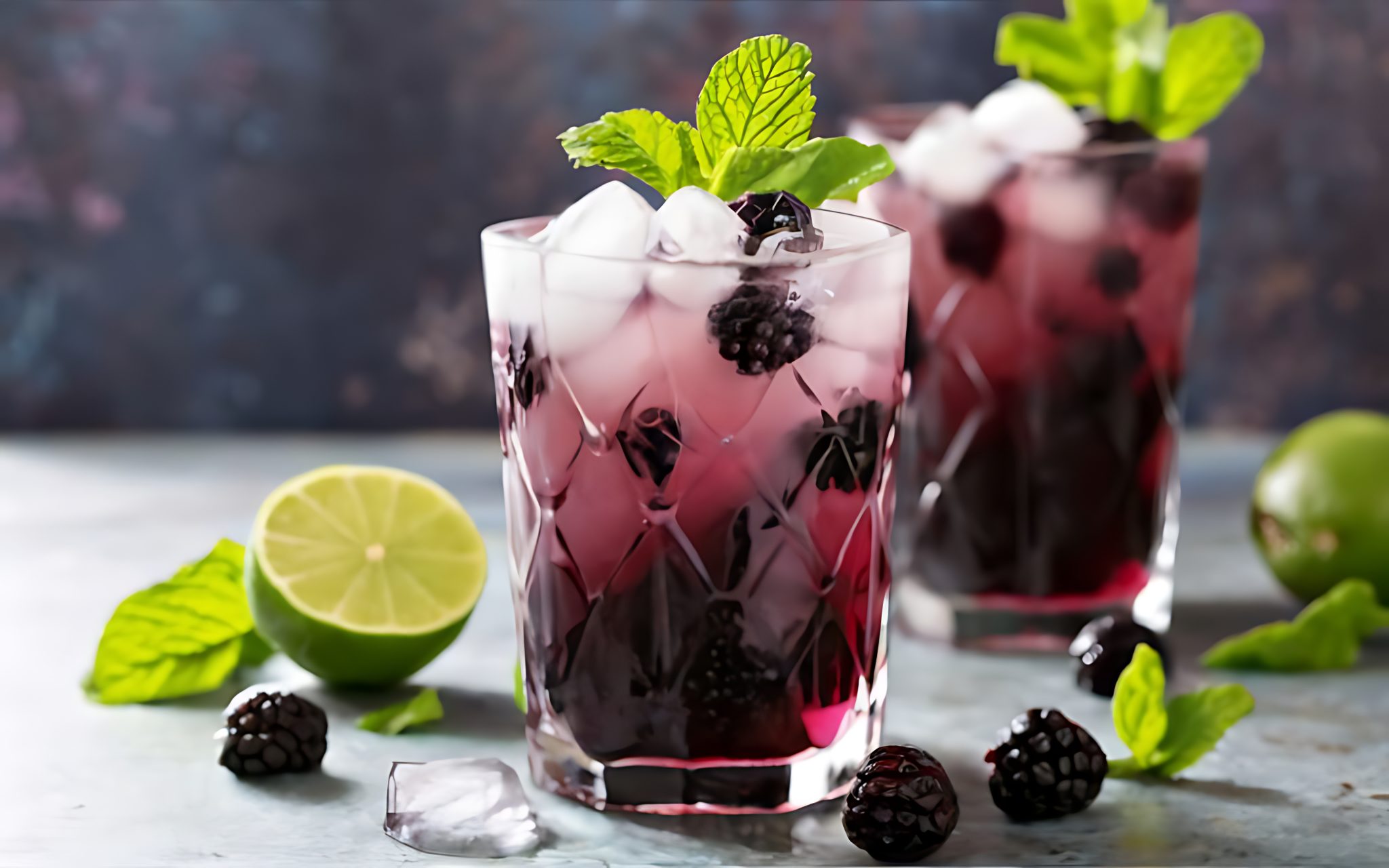 Blackberry mojito with lime mint and ice