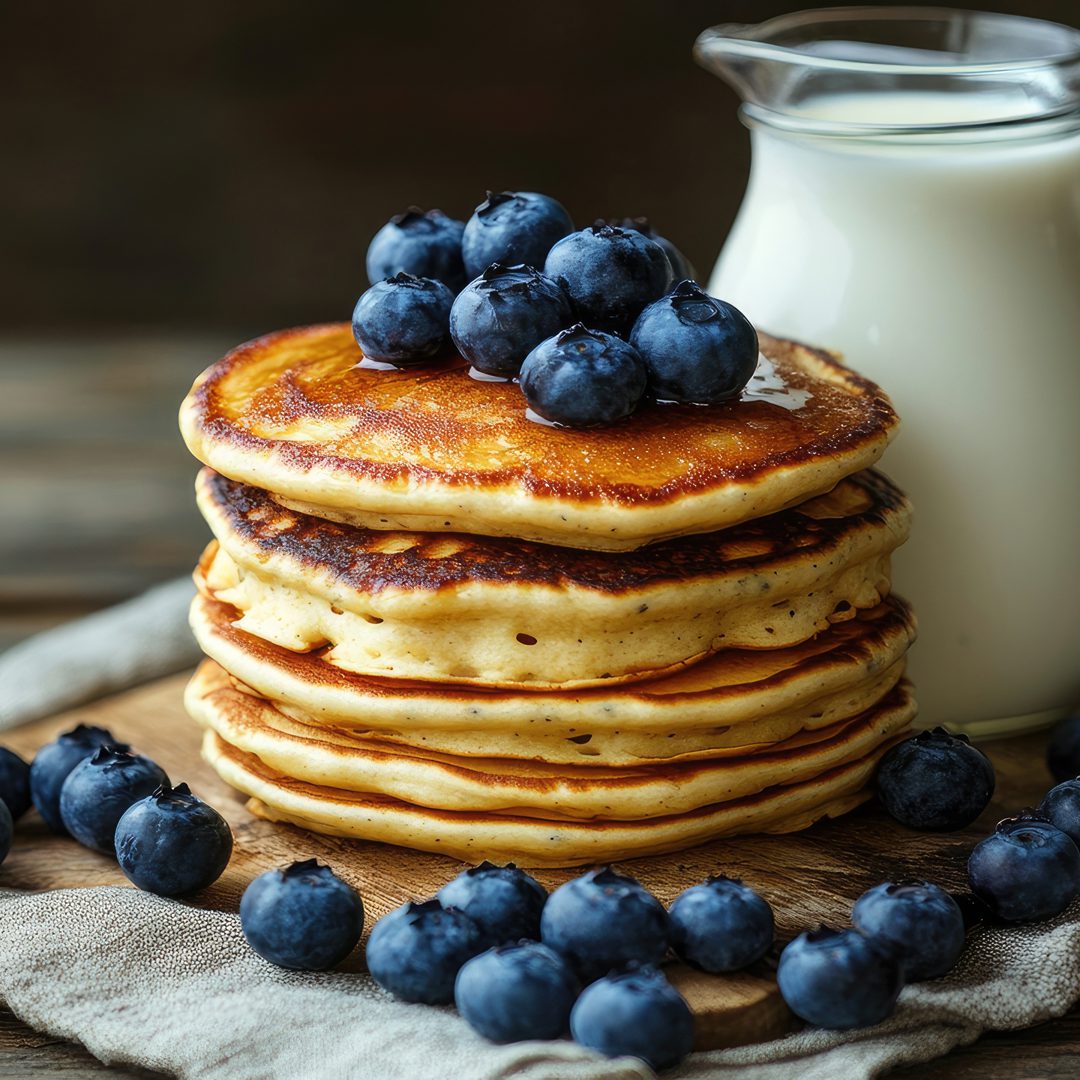 stack of blueberry pancakes with pitcher of milk