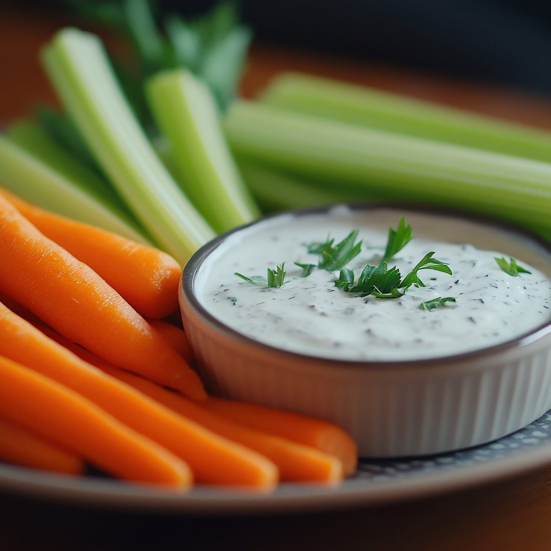 plate of peeled carrots with celery and a small bowl of ranch dip