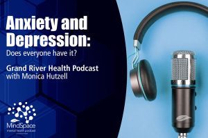 Podcast graphic: ‘Anxiety and Depression: Does everyone have it?’ with mic, headphones, and MindSpace logo.